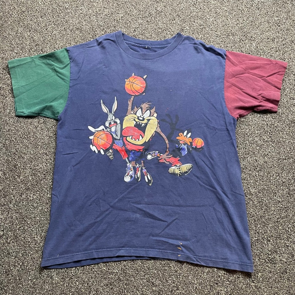 Vintage Looney Tunes Space Jam Colorblock T-Shirt Navy Blue Bugs Bunny Taz L